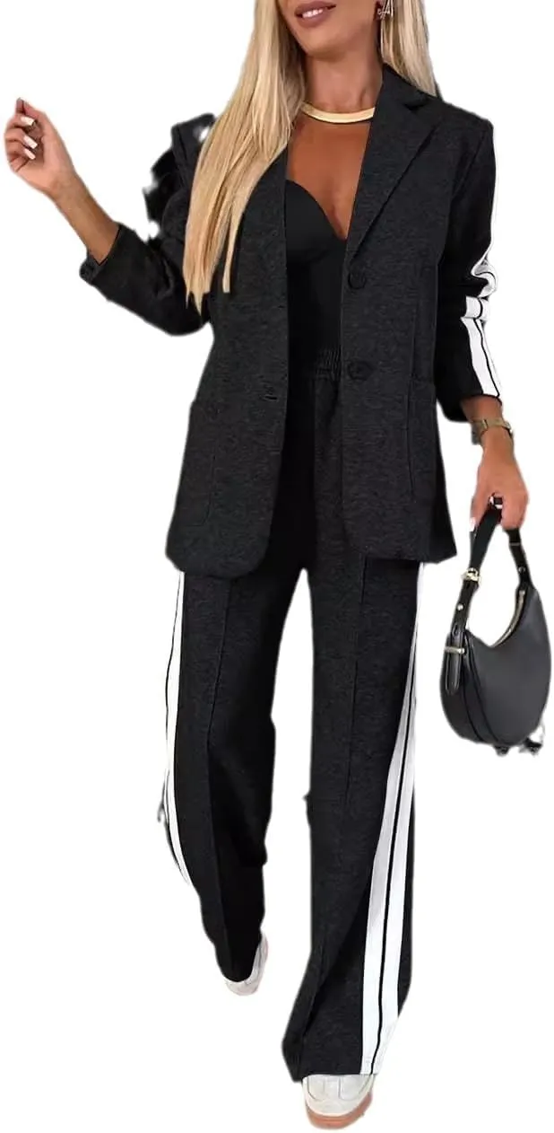 2 Piece Outfits Double Breasted Blazer and Wide Leg Work Pants Casual Blazer Sets Dressy Suits with Pockets,Plus Size