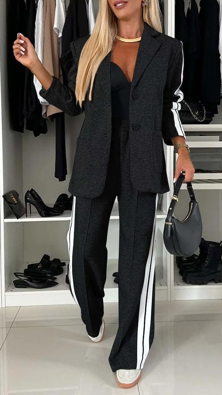 2 Piece Outfits Double Breasted Blazer and Wide Leg Work Pants Casual Blazer Sets Dressy Suits with Pockets,Plus Size