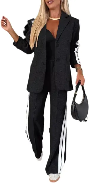 2 Piece Outfits Double Breasted Blazer and Wide Leg Work Pants Casual Blazer Sets Dressy Suits with Pockets,Plus Size
