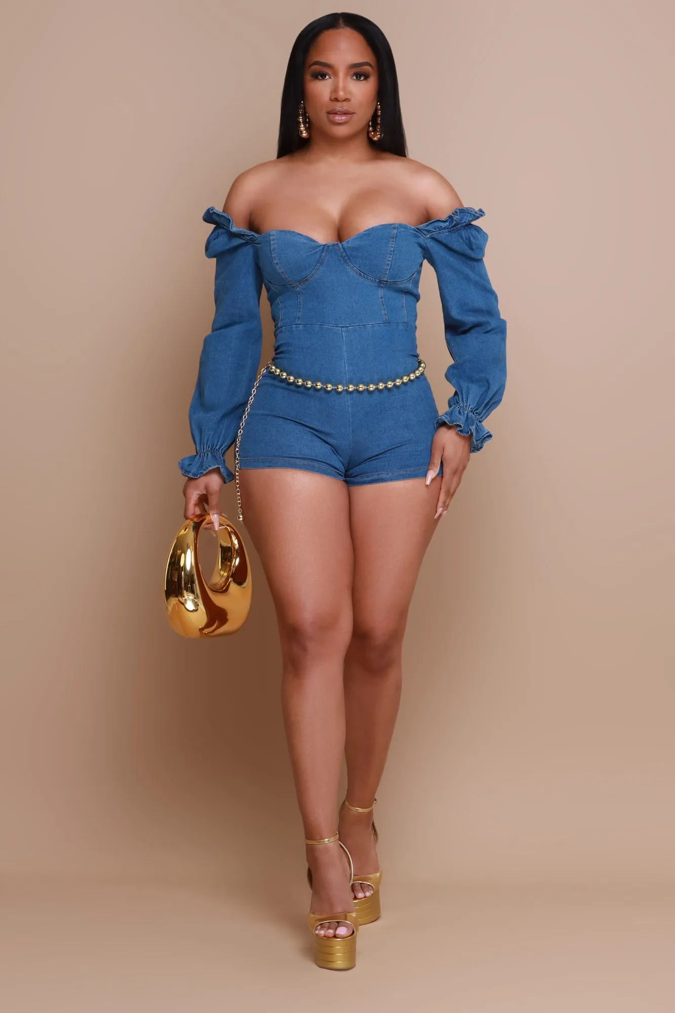 Art House Long Sleeve Denim Romper - Medium Wash