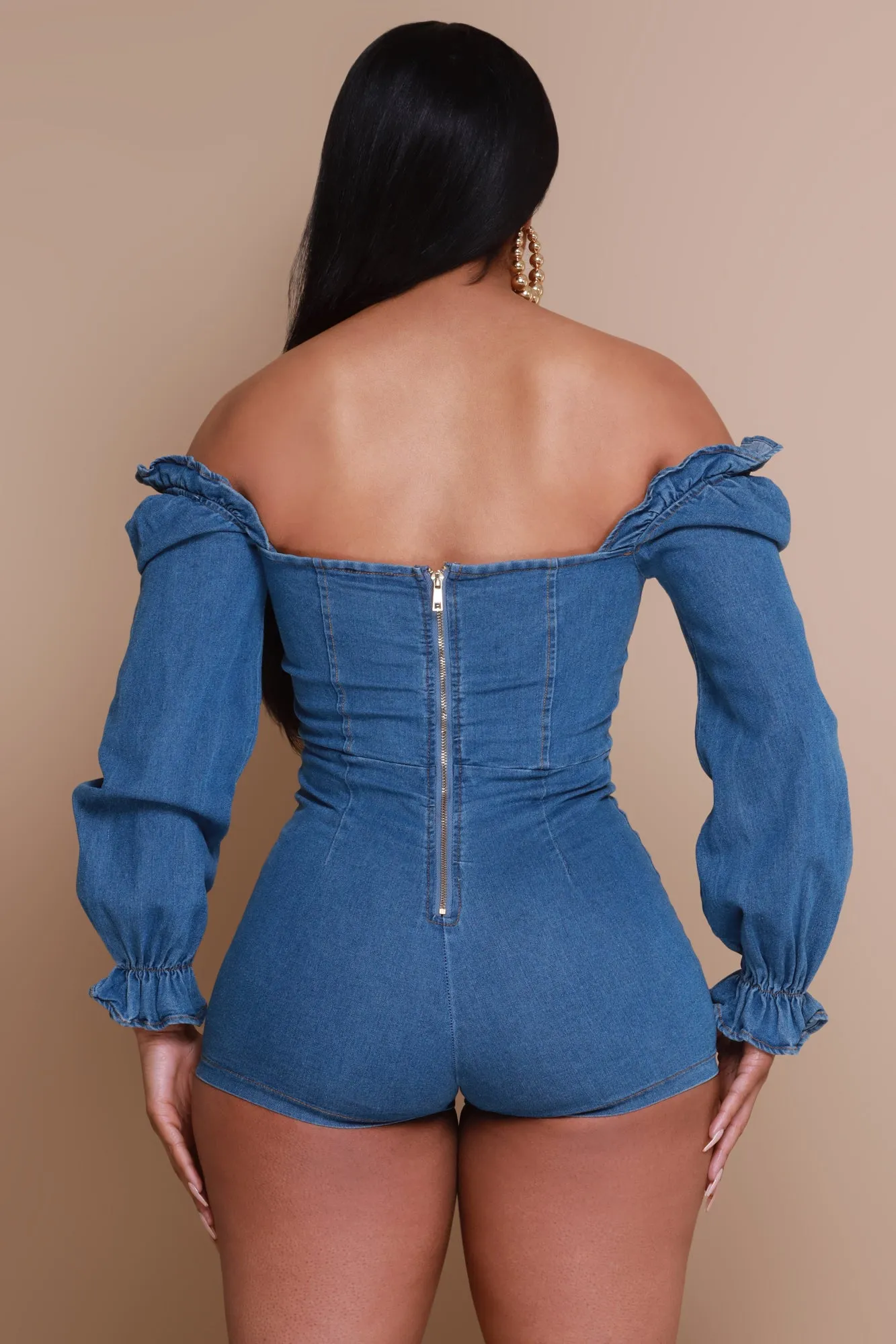 Art House Long Sleeve Denim Romper - Medium Wash