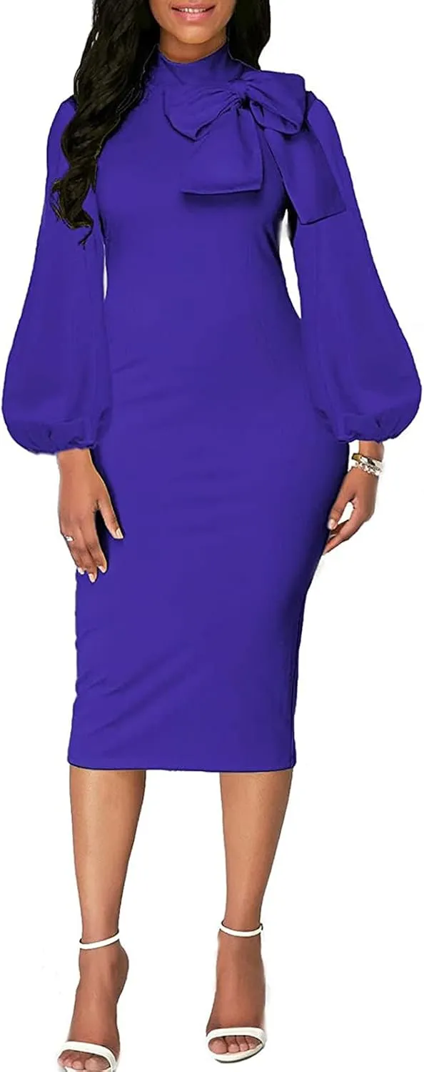 BestGirl Women's Bishop Sleeve Bodycon Dresses Work Casual Floral Print Pencil Midi Dresses