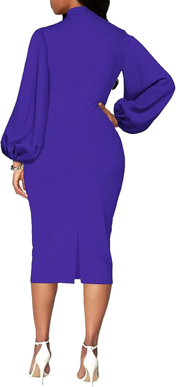 BestGirl Women's Bishop Sleeve Bodycon Dresses Work Casual Floral Print Pencil Midi Dresses