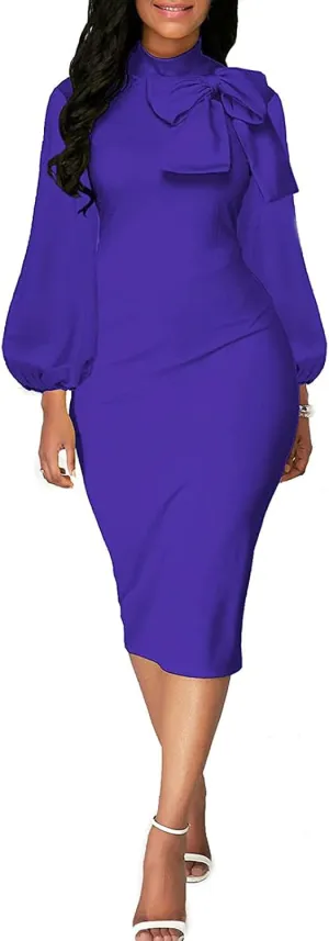BestGirl Women's Bishop Sleeve Bodycon Dresses Work Casual Floral Print Pencil Midi Dresses