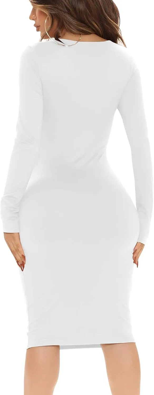 BORIFLORS Women's Sexy Bodycon Long Sleeve Deep V Neck Club Party Midi Pencil Dresses