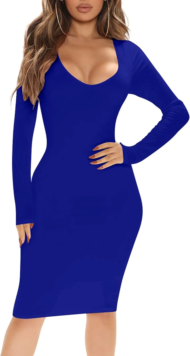 BORIFLORS Women's Sexy Bodycon Long Sleeve Deep V Neck Club Party Midi Pencil Dresses