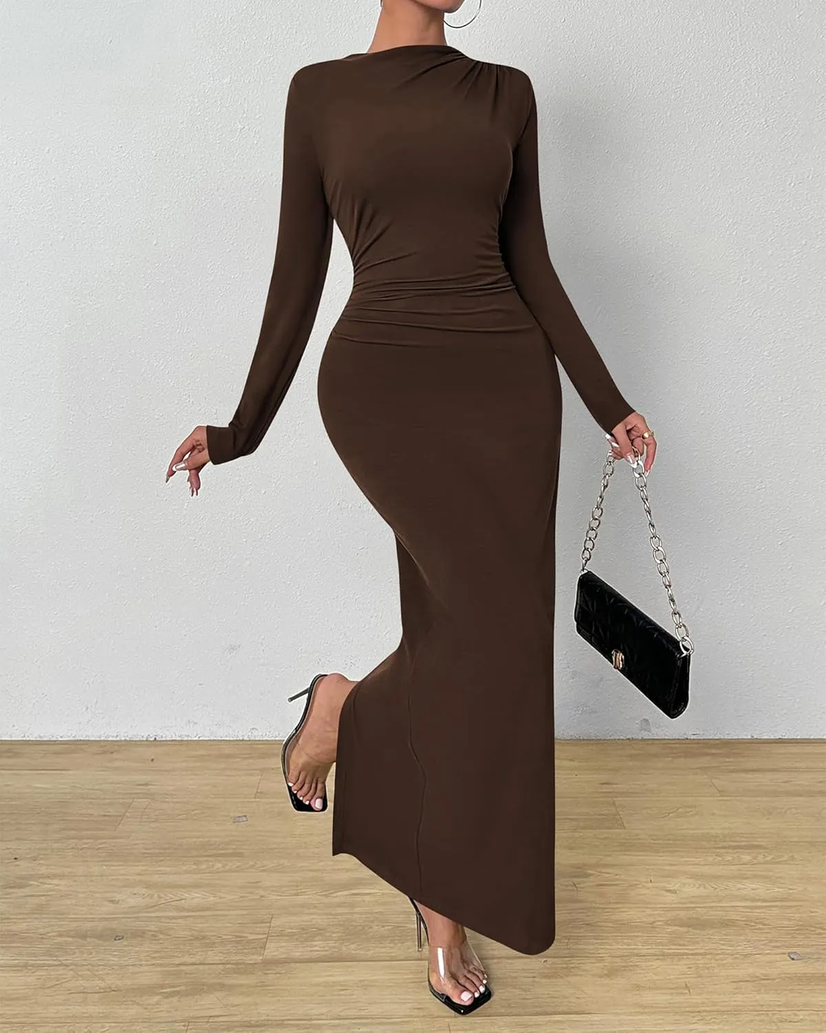 BTFBM Women Bodycon Maxi Dress Long Sleeve Back Slit Ruched Elegant Party Cocktail Formal Spring Wedding Guest Dresses