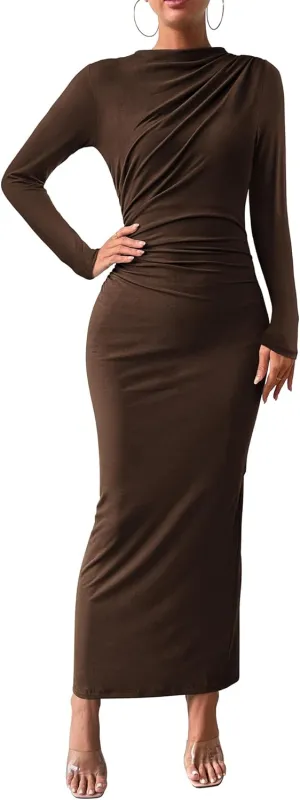 BTFBM Women Bodycon Maxi Dress Long Sleeve Back Slit Ruched Elegant Party Cocktail Formal Spring Wedding Guest Dresses