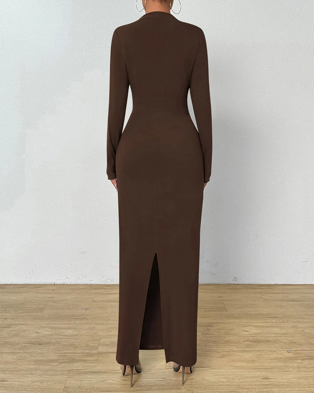 BTFBM Women Bodycon Maxi Dress Long Sleeve Back Slit Ruched Elegant Party Cocktail Formal Spring Wedding Guest Dresses