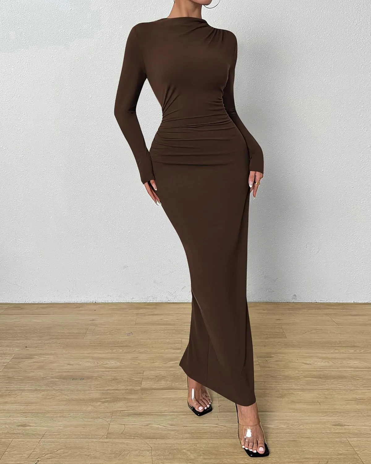 BTFBM Women Bodycon Maxi Dress Long Sleeve Back Slit Ruched Elegant Party Cocktail Formal Spring Wedding Guest Dresses