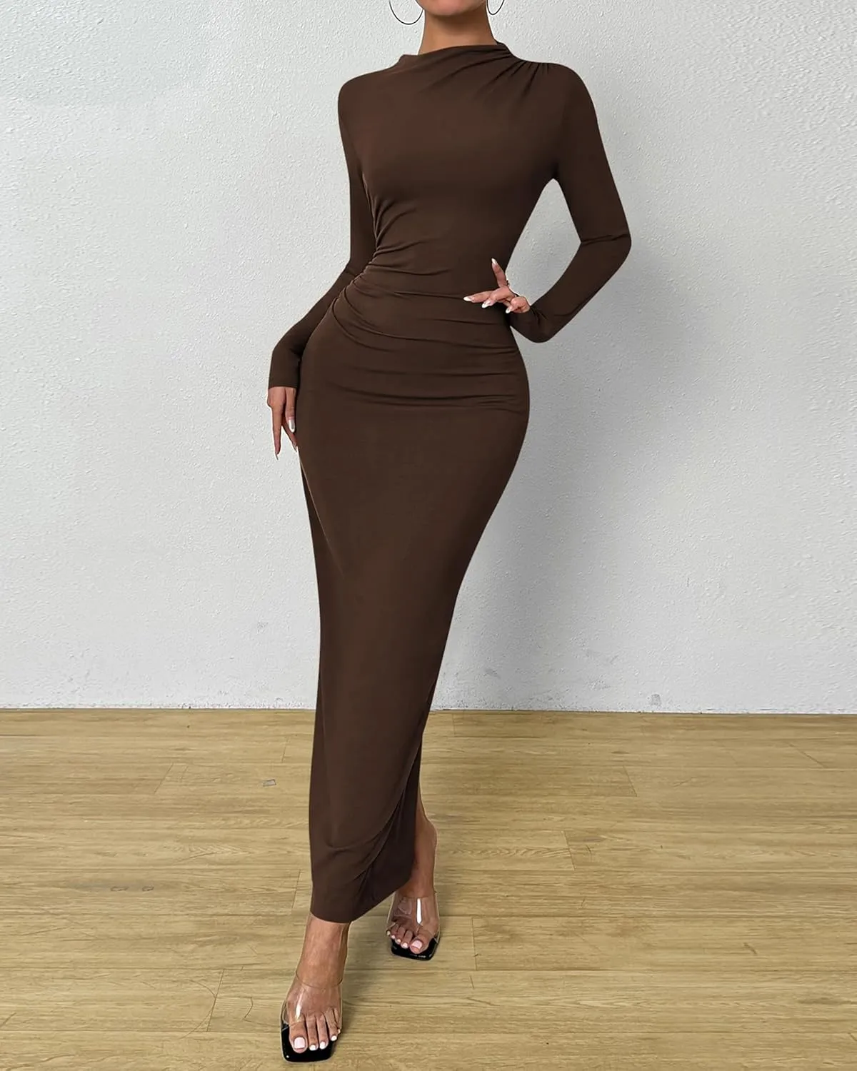 BTFBM Women Bodycon Maxi Dress Long Sleeve Back Slit Ruched Elegant Party Cocktail Formal Spring Wedding Guest Dresses