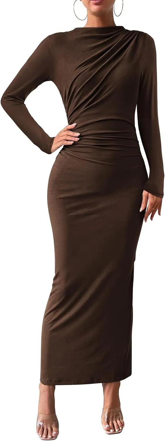 BTFBM Women Bodycon Maxi Dress Long Sleeve Back Slit Ruched Elegant Party Cocktail Formal Spring Wedding Guest Dresses