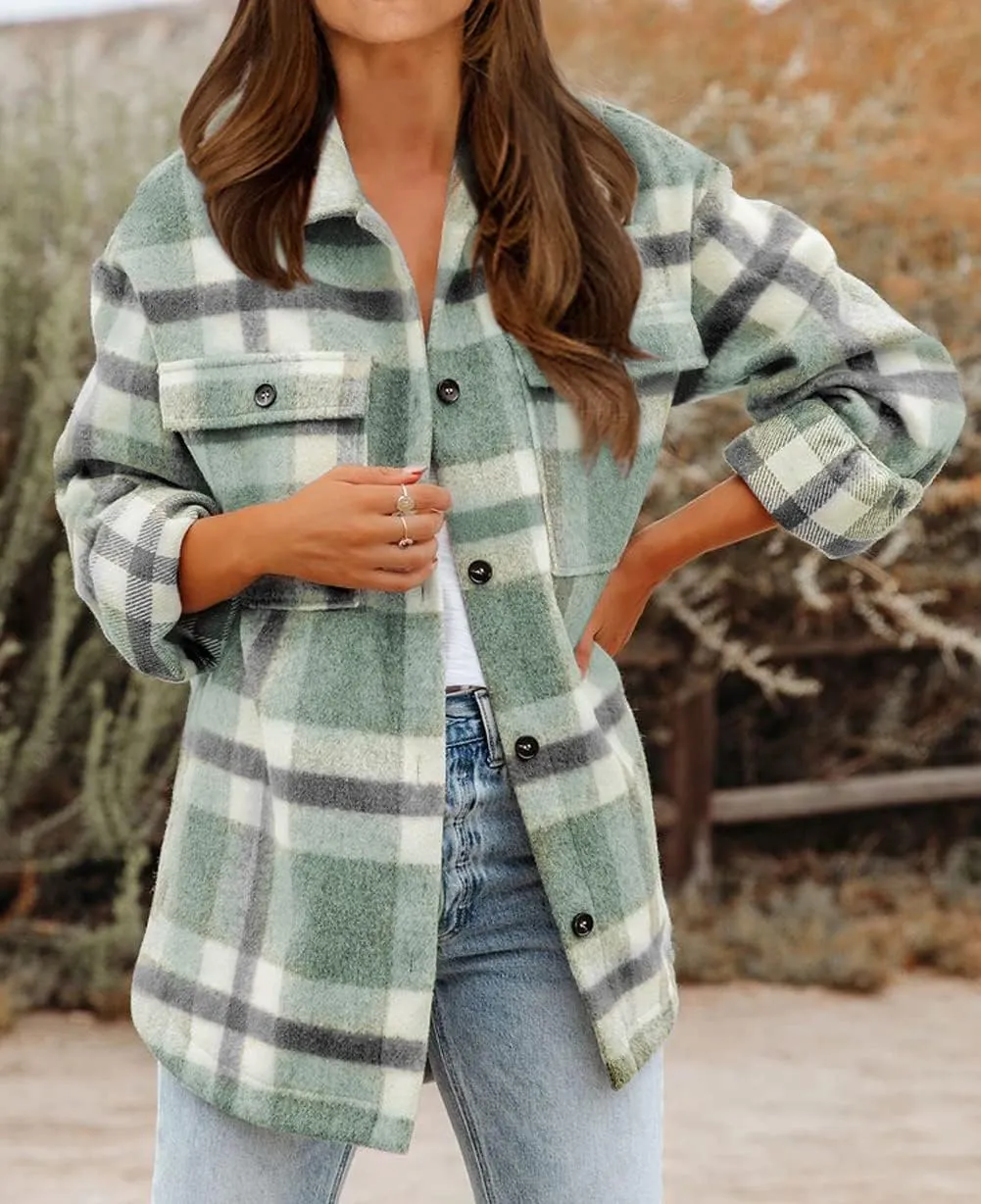 BTFBM Women's Long Sleeve Button Down Jackets Plaid Flannel Shirts Tops Casual Lapel V Neck Oversized Shackets Blouses Top