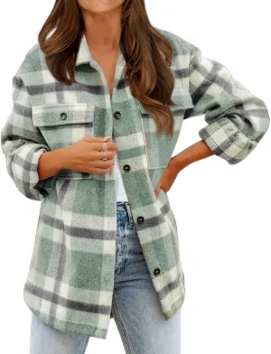 BTFBM Women's Long Sleeve Button Down Jackets Plaid Flannel Shirts Tops Casual Lapel V Neck Oversized Shackets Blouses Top