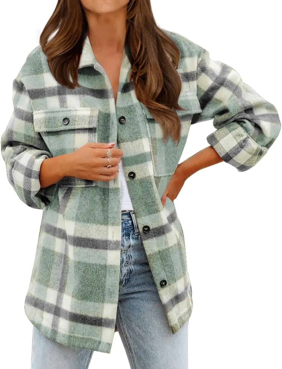 BTFBM Women's Long Sleeve Button Down Jackets Plaid Flannel Shirts Tops Casual Lapel V Neck Oversized Shackets Blouses Top