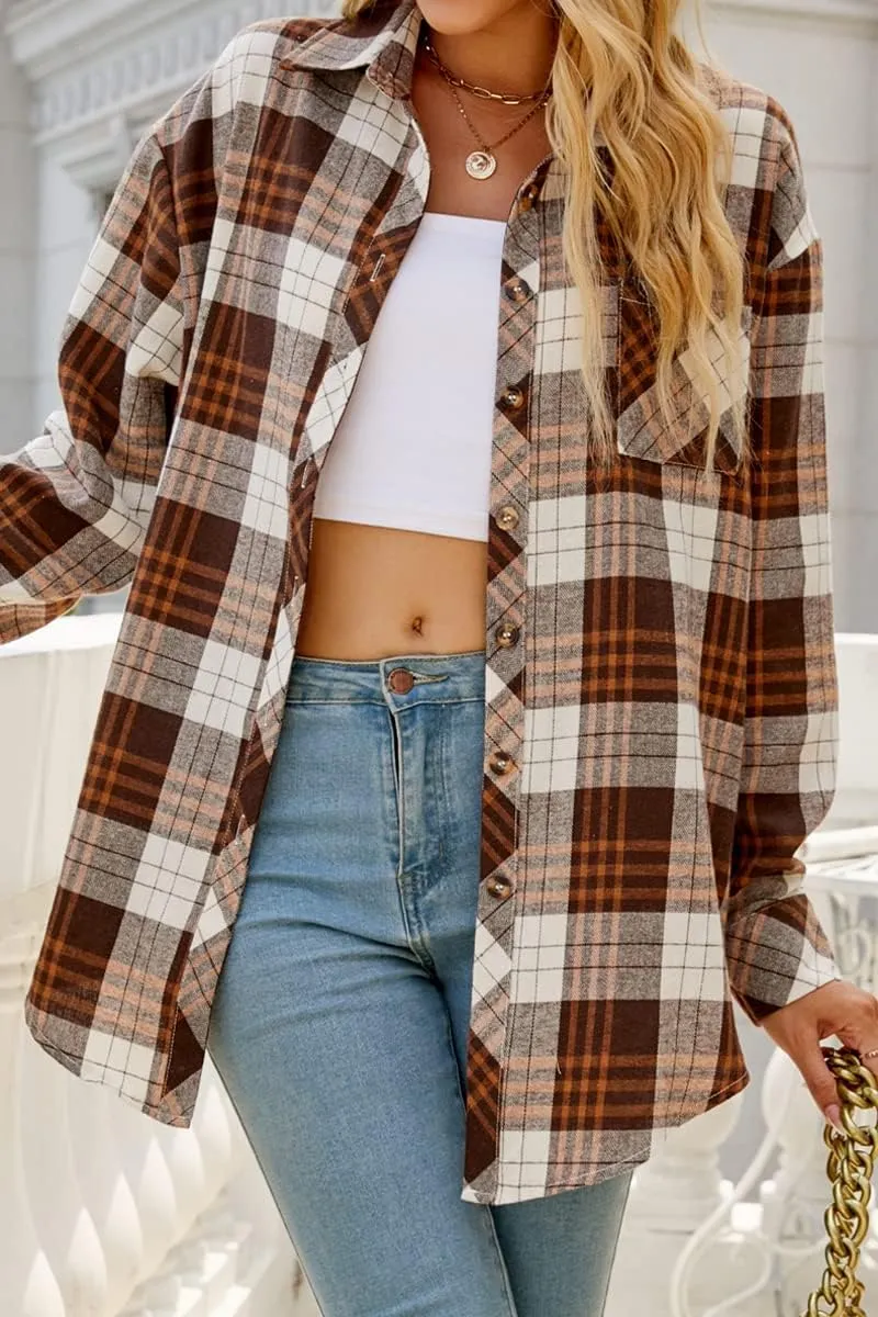 CHYRII Womens Button Down Flannel Shirts Long Sleeve Plaid Shackets Business Casual Blouse Top