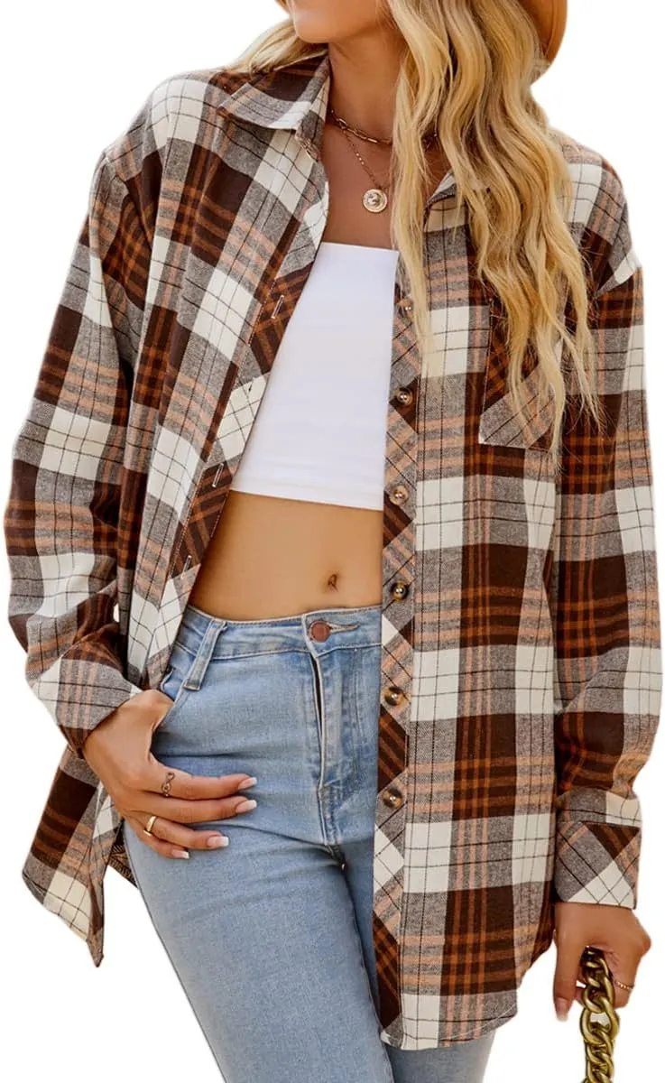 CHYRII Womens Button Down Flannel Shirts Long Sleeve Plaid Shackets Business Casual Blouse Top