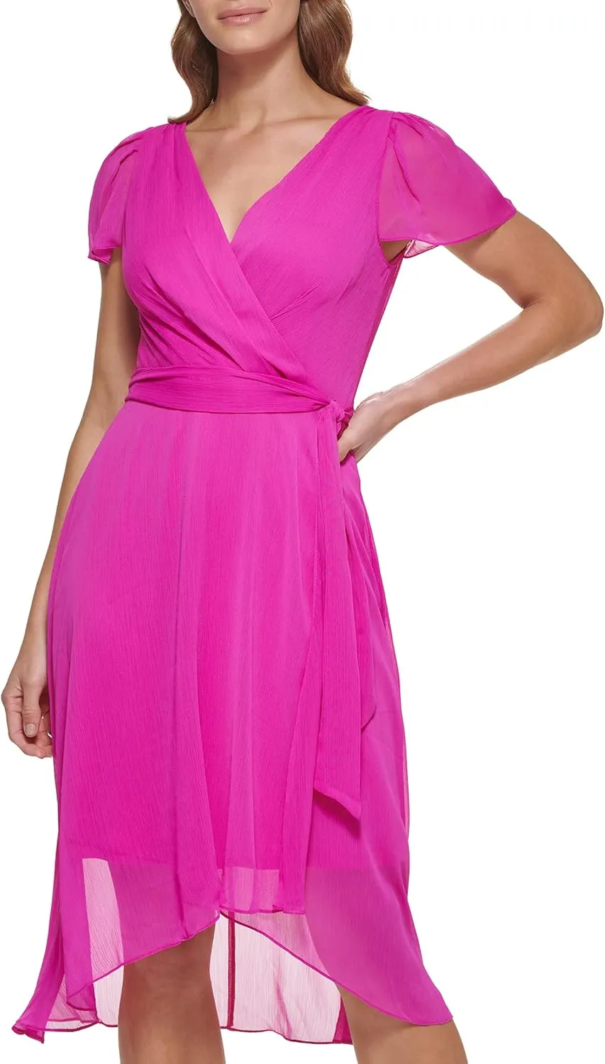 DKNY Women's Short Sleeve Asymmetrical Hem Faux Wrap Dress