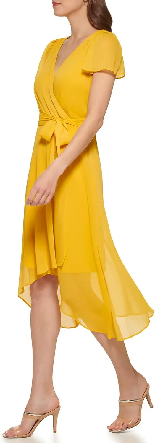 DKNY Women's Short Sleeve Asymmetrical Hem Faux Wrap Dress