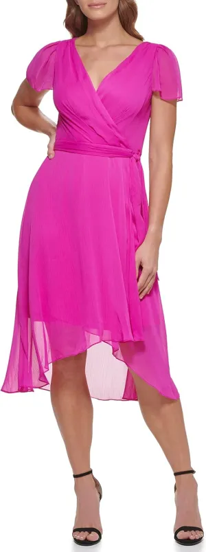DKNY Women's Short Sleeve Asymmetrical Hem Faux Wrap Dress