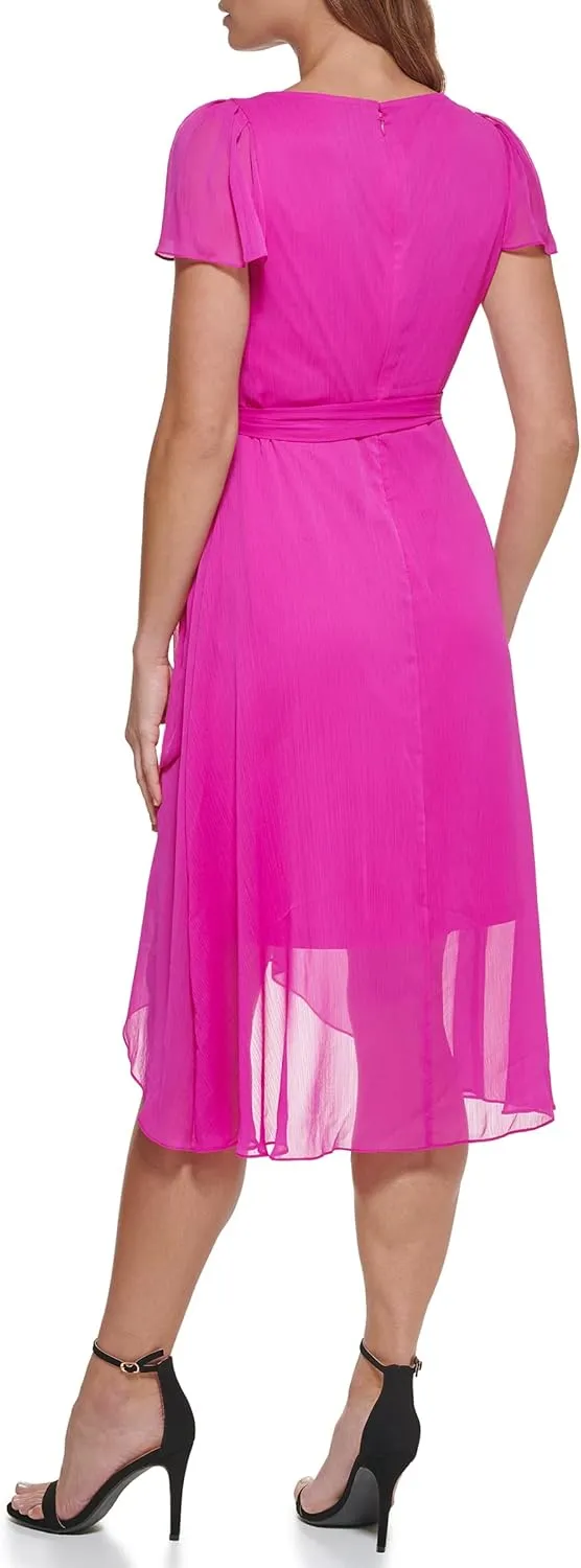 DKNY Women's Short Sleeve Asymmetrical Hem Faux Wrap Dress
