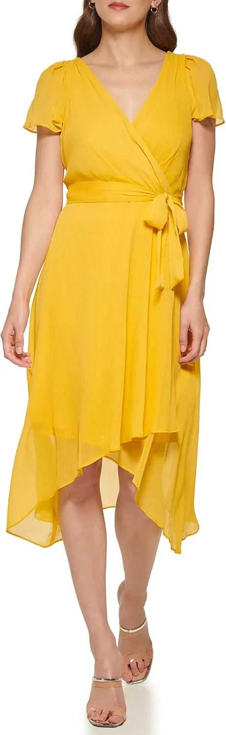 DKNY Women's Short Sleeve Asymmetrical Hem Faux Wrap Dress