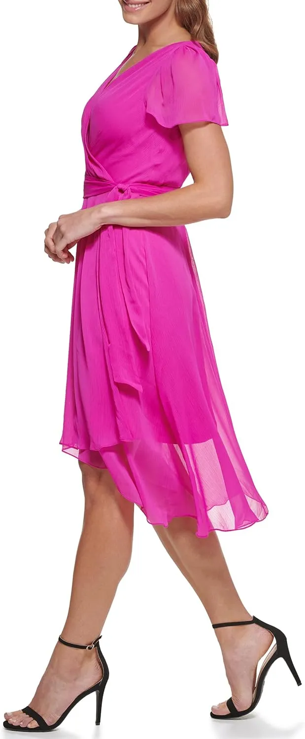 DKNY Women's Short Sleeve Asymmetrical Hem Faux Wrap Dress
