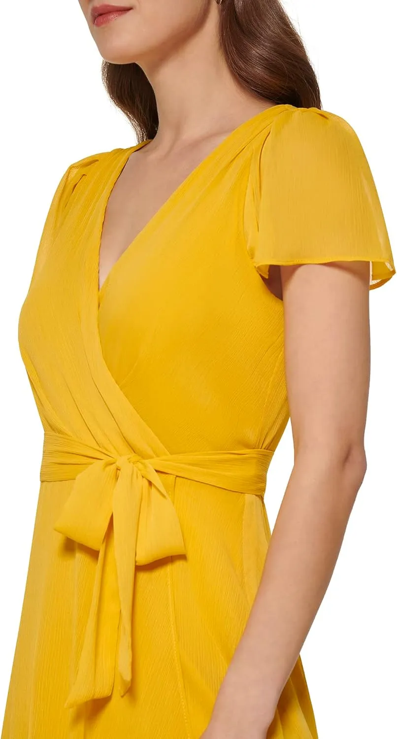 DKNY Women's Short Sleeve Asymmetrical Hem Faux Wrap Dress