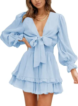 Dokotoo Womens Casual Spring Summer 2025 Deep V Neck Knotted Tiered Chiffon Elegant Mini Short Swing Skater Dresses