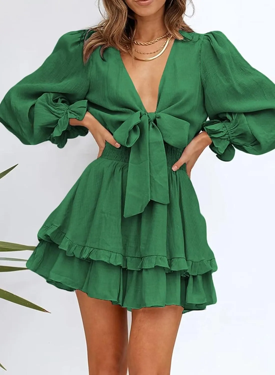 Dokotoo Womens Casual Spring Summer 2025 Deep V Neck Knotted Tiered Chiffon Elegant Mini Short Swing Skater Dresses