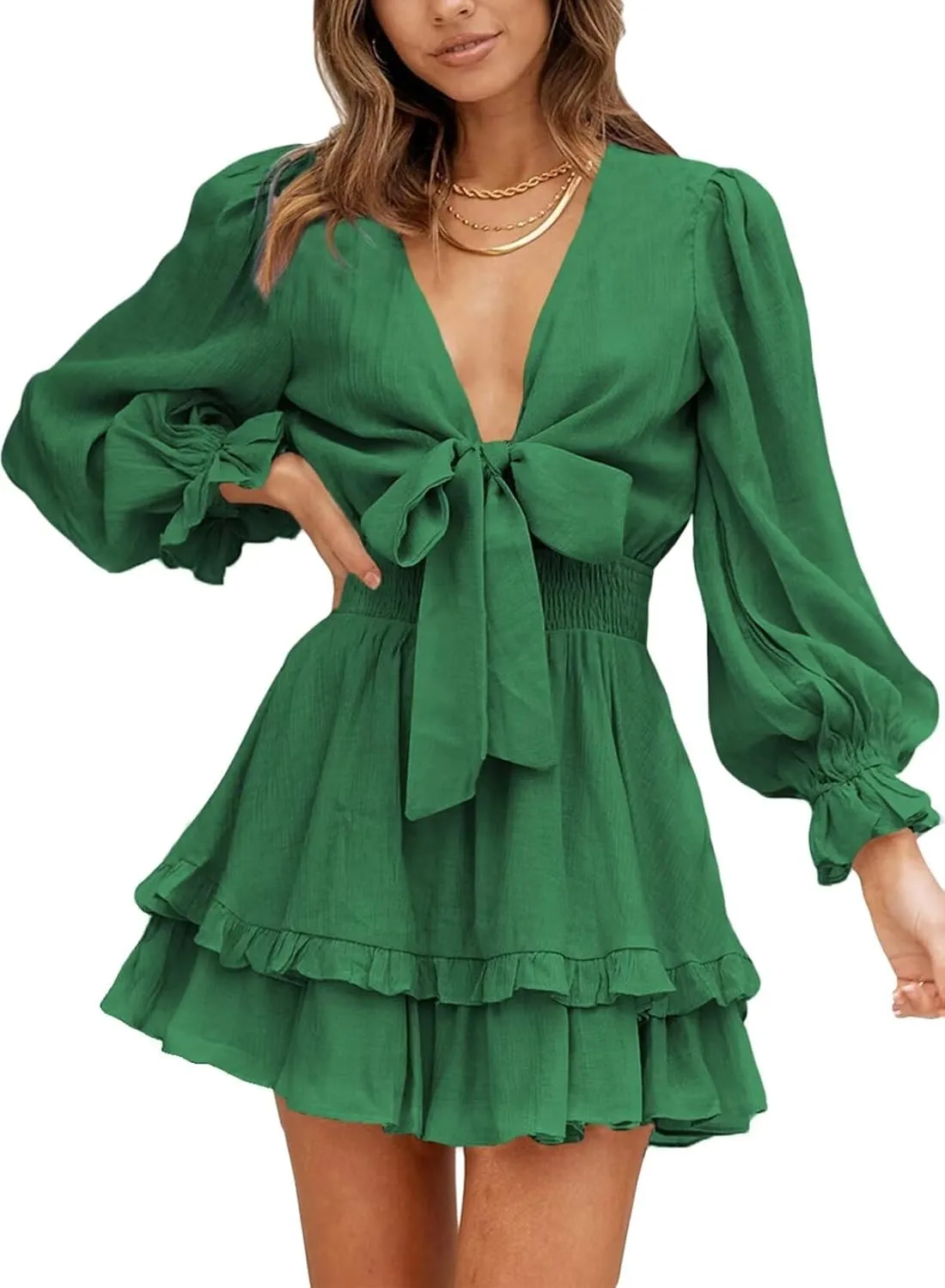 Dokotoo Womens Casual Spring Summer 2025 Deep V Neck Knotted Tiered Chiffon Elegant Mini Short Swing Skater Dresses