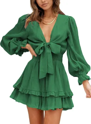 Dokotoo Womens Casual Spring Summer 2025 Deep V Neck Knotted Tiered Chiffon Elegant Mini Short Swing Skater Dresses