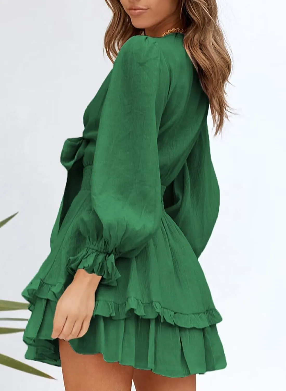 Dokotoo Womens Casual Spring Summer 2025 Deep V Neck Knotted Tiered Chiffon Elegant Mini Short Swing Skater Dresses