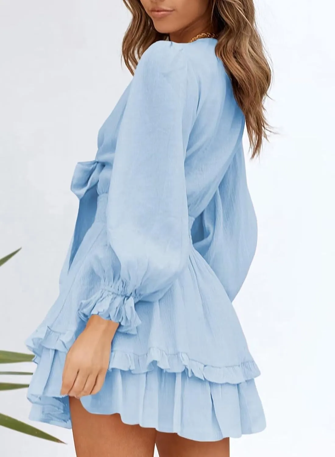 Dokotoo Womens Casual Spring Summer 2025 Deep V Neck Knotted Tiered Chiffon Elegant Mini Short Swing Skater Dresses