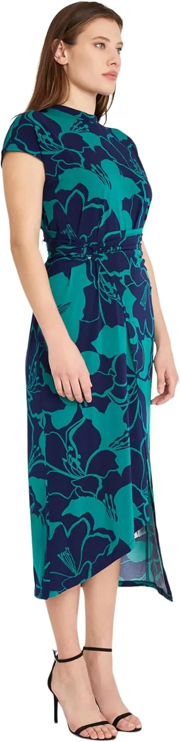 Donna Morgan Women's Short Sleeve Mock Neck Wrap Look with Asymmetric High Low Midi Hem