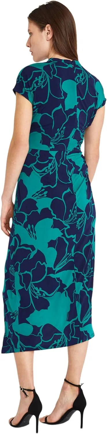 Donna Morgan Women's Short Sleeve Mock Neck Wrap Look with Asymmetric High Low Midi Hem
