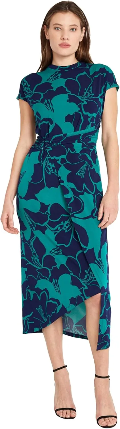 Donna Morgan Women's Short Sleeve Mock Neck Wrap Look with Asymmetric High Low Midi Hem