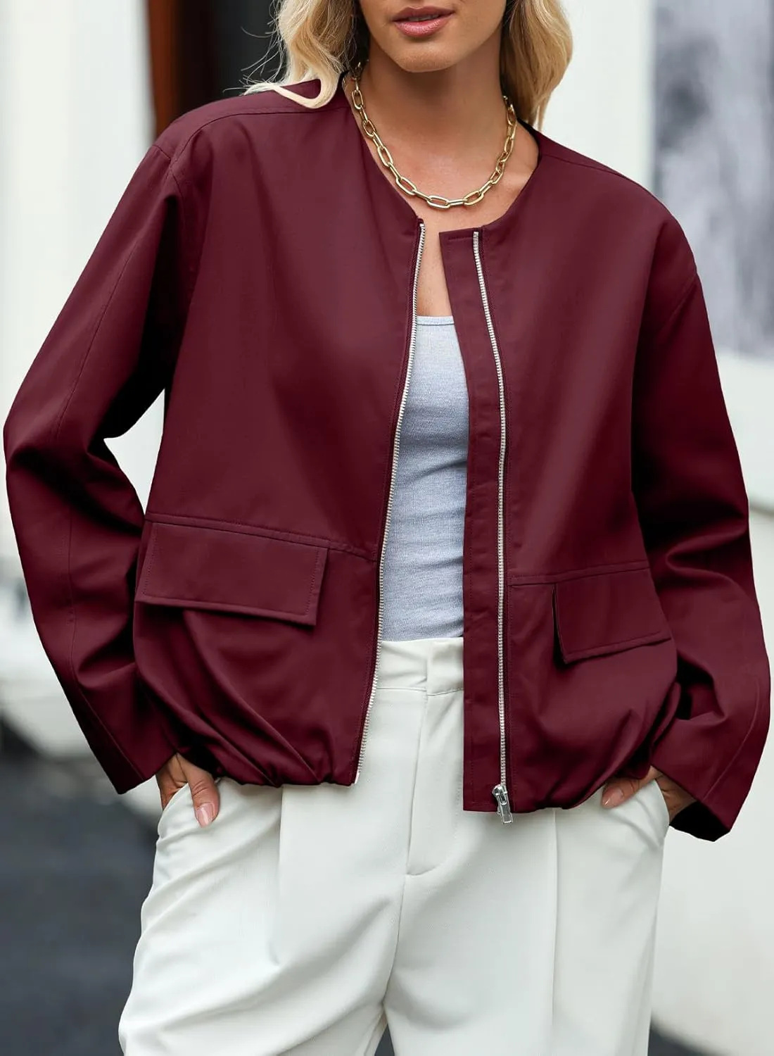 EVALESS Casual Jackets for Women Zip Up Cropped Bomber Jackets Windbreaker Fall Outfits for Women Dressy Causal