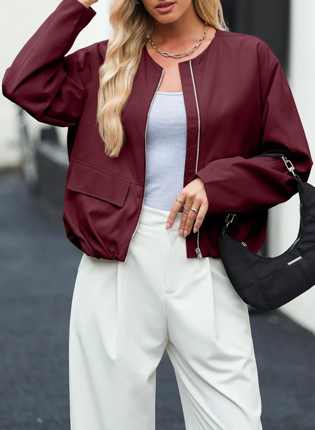 EVALESS Casual Jackets for Women Zip Up Cropped Bomber Jackets Windbreaker Fall Outfits for Women Dressy Causal