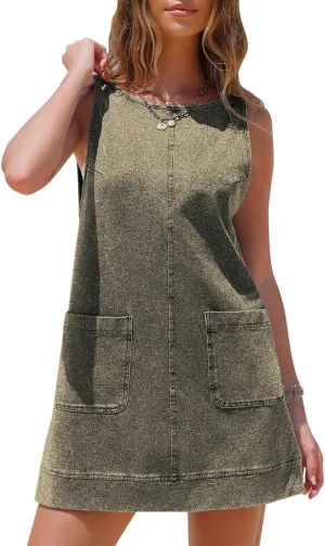 EXLURA Womens Sleeveless Denim Dress Casual Summer Crewneck A Line Overall Mini Dress Jean Jumper Pinafore with Pockets 2025