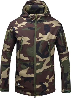 Finelylove Men's Military Tactical Jacket Camo Fleece Lined Softshell Rain Jacket Waterproof Raincoat for Hunting Hiking