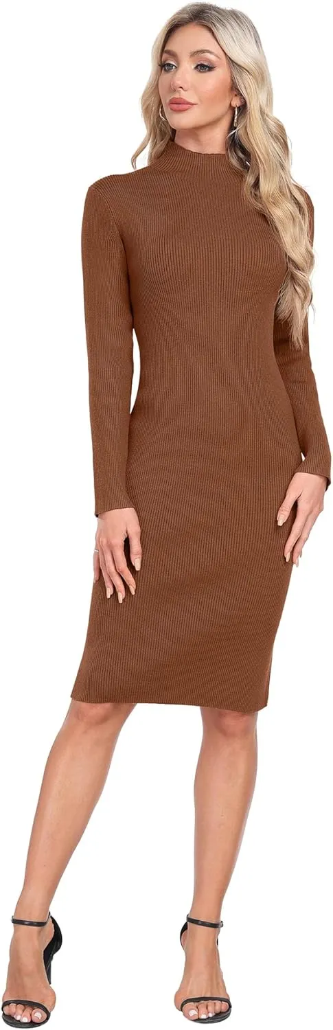 GRECERELLE Womens 2025 Fall & Winter Outfits Sweater Dress Mock Neck Long Sleeve Slim Fit Ribbed Knit Bodycon Midi Dress