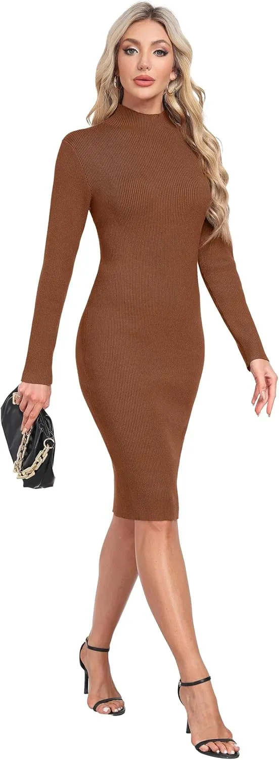 GRECERELLE Womens 2025 Fall & Winter Outfits Sweater Dress Mock Neck Long Sleeve Slim Fit Ribbed Knit Bodycon Midi Dress