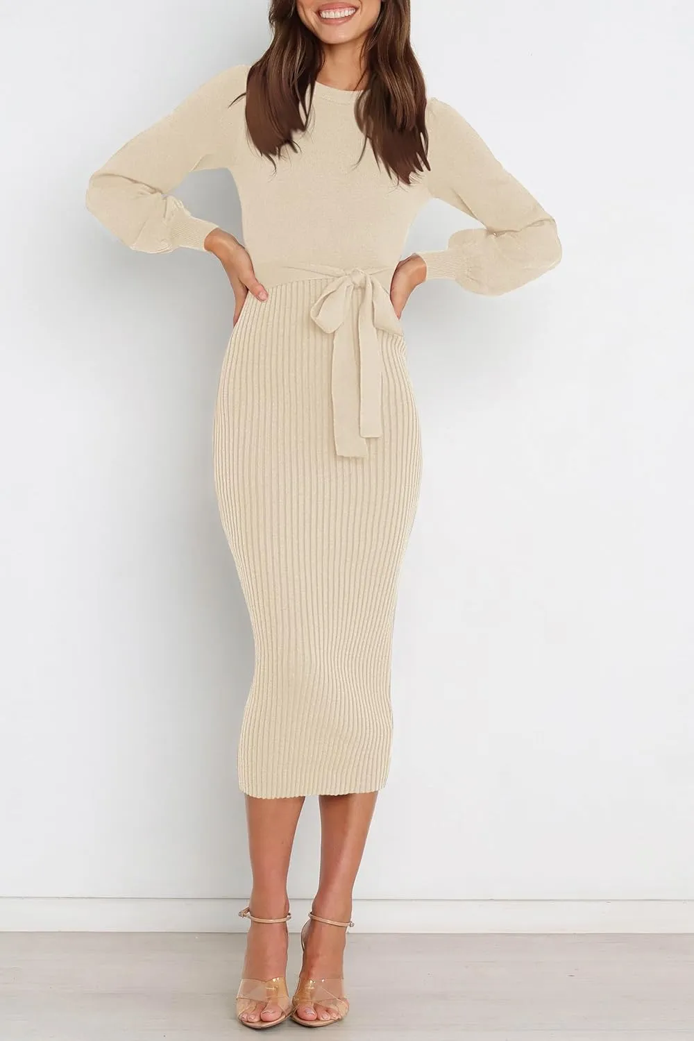 HAEOF Womens 2025 Fall Sweater Dress Ribbed Knit Crewneck Trendy Long Puff Sleeve Winter Bodycon Midi Dresses