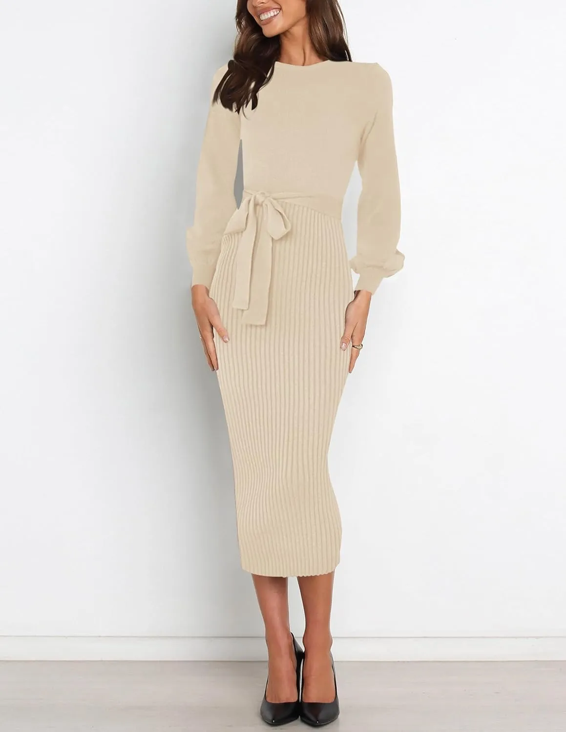 HAEOF Womens 2025 Fall Sweater Dress Ribbed Knit Crewneck Trendy Long Puff Sleeve Winter Bodycon Midi Dresses