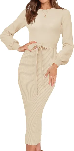HAEOF Womens 2025 Fall Sweater Dress Ribbed Knit Crewneck Trendy Long Puff Sleeve Winter Bodycon Midi Dresses