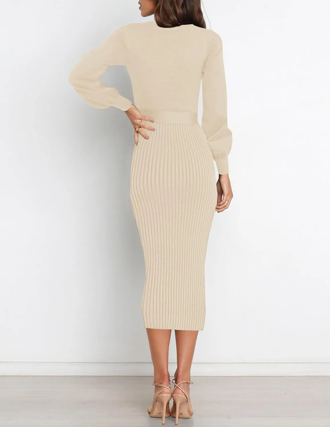 HAEOF Womens 2025 Fall Sweater Dress Ribbed Knit Crewneck Trendy Long Puff Sleeve Winter Bodycon Midi Dresses
