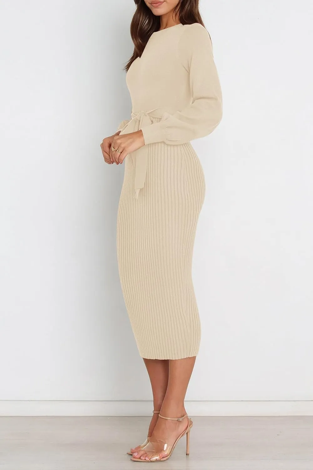 HAEOF Womens 2025 Fall Sweater Dress Ribbed Knit Crewneck Trendy Long Puff Sleeve Winter Bodycon Midi Dresses