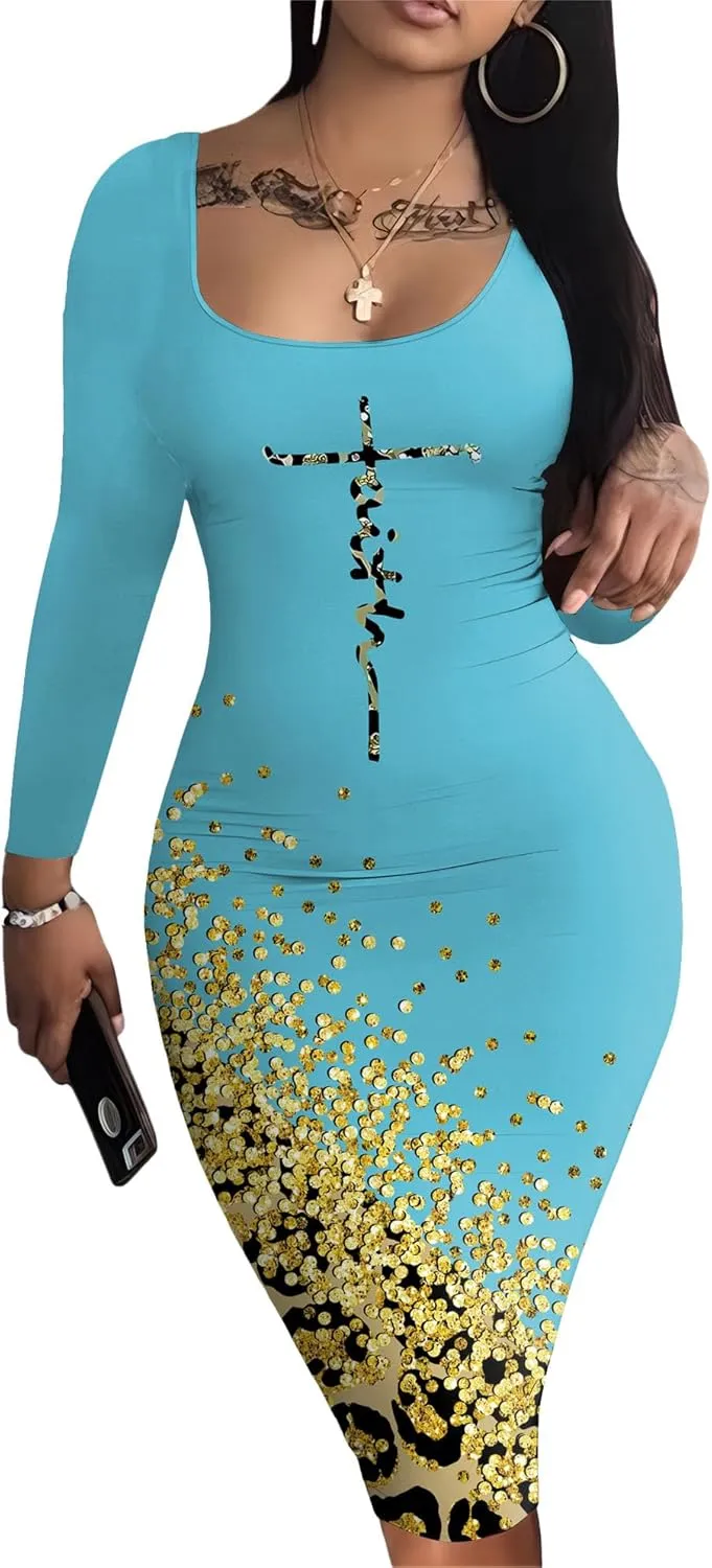 HTD Women's Sexy Bodycon Dress Long Sleeve Casual Club Party Midi Pencil Dresses