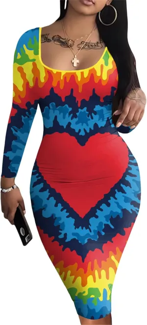 HTD Women's Sexy Bodycon Dress Long Sleeve Casual Club Party Midi Pencil Dresses